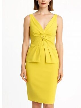 Lela Rose Peplum Dress Size 02 Yellow Sleeveless Twist Front V Neck Cocktail